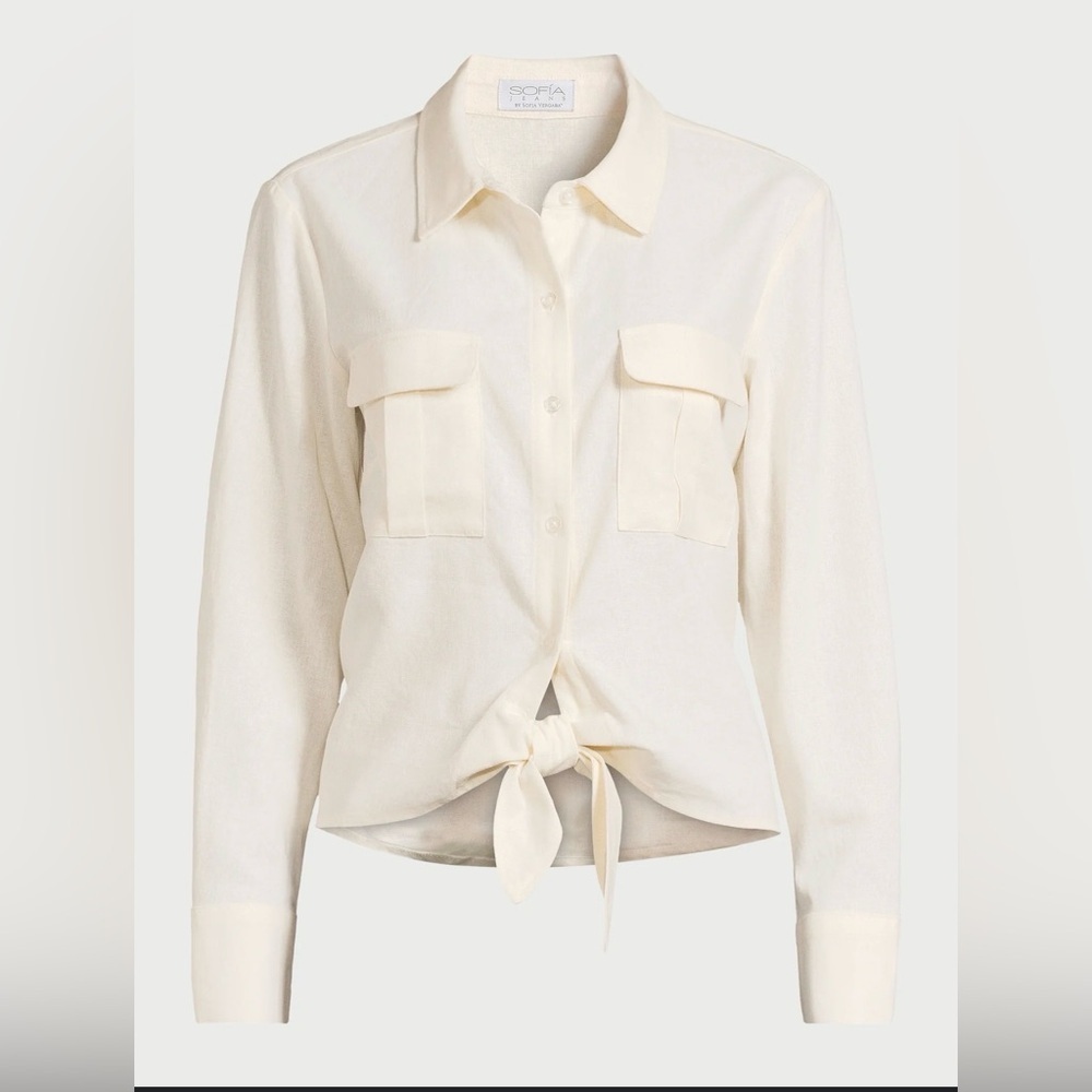 Sofia Vergara Linen Blend Tie Front Button Down Top Size M NWT